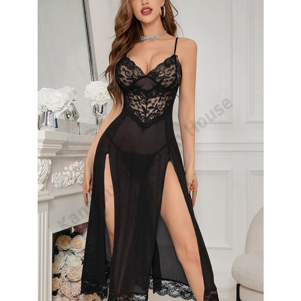 Elegant Black Lace Sheer Nightgown full- 012